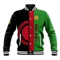 Black baseball jacket with green and red Malawi coat-of-arms front panel