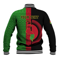 Black baseball jacket back with green patterned panel and red Malawi crest, YOUR TEXT