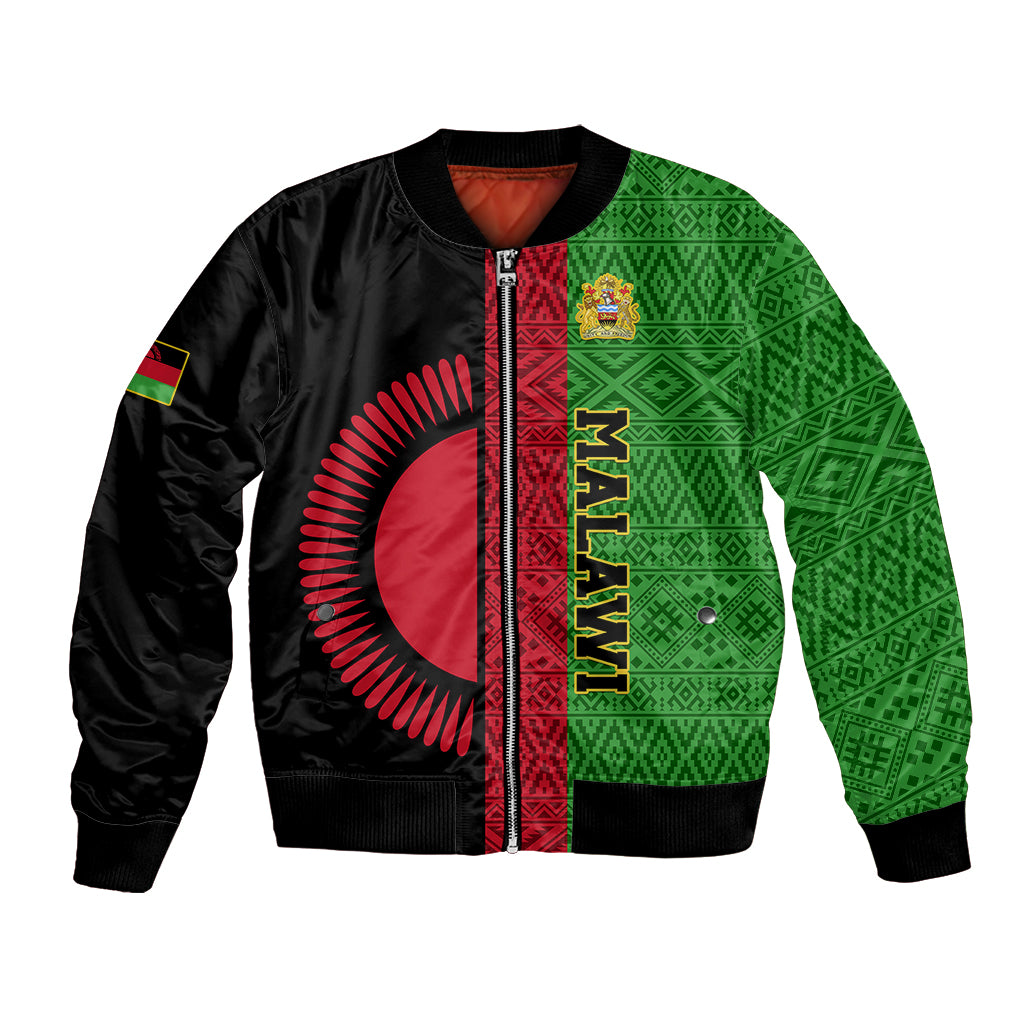 Malawi bomber jacket with coat of arms graphic, black ribbed trim and mixed green/red panels