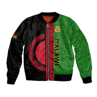 Malawi bomber jacket with coat of arms graphic, black ribbed trim and mixed green/red panels