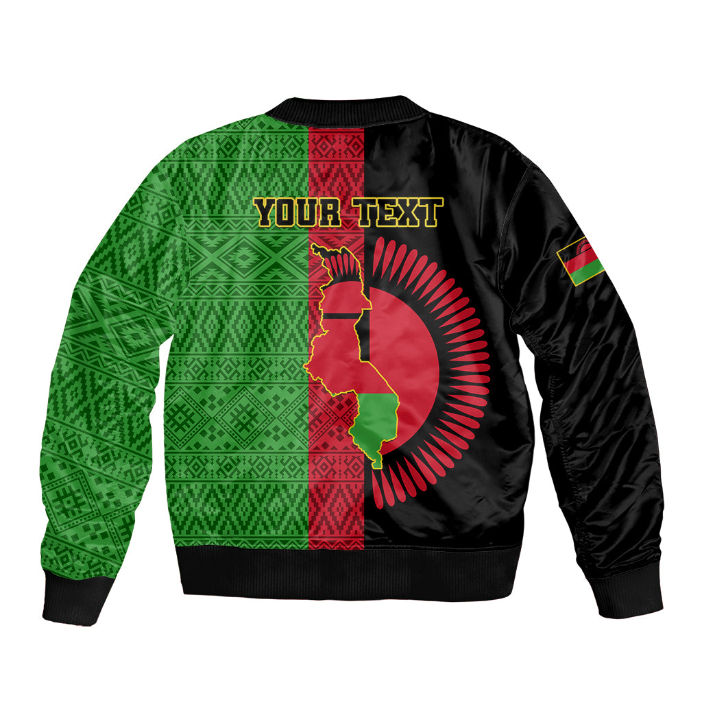 Malawi bomber jacket, black sleeves with green patterned panel, red stripe and YOUR TEXT back