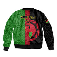 Malawi bomber jacket, black sleeves with green patterned panel, red stripe and YOUR TEXT back