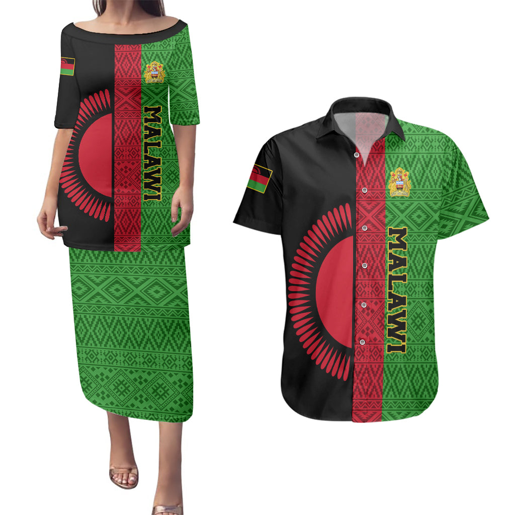 Personalised Malawi Couples Matching Puletasi Dress and Hawaiian Shirt With Coat Of Arms Mix African Pattern - Wonder Print Shop