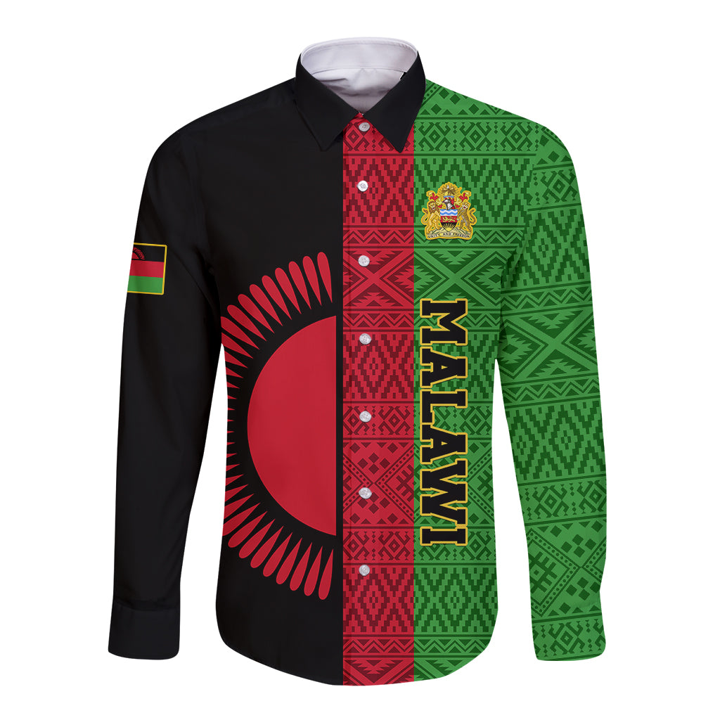Black long-sleeve button shirt with Malawi emblem and red-green African pattern panels