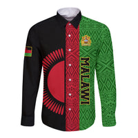 Black long-sleeve button shirt with Malawi emblem and red-green African pattern panels