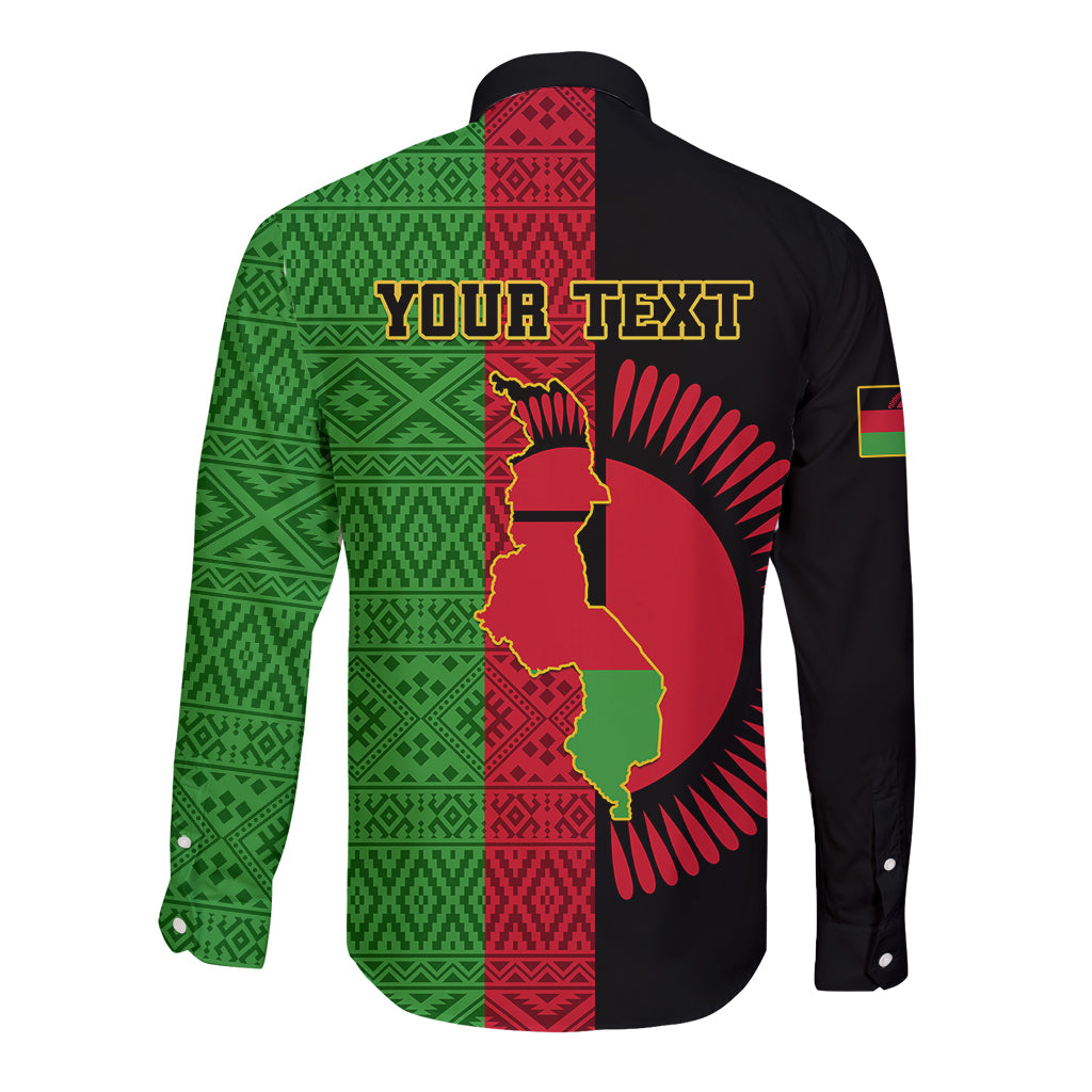 Black long-sleeve button shirt with green-red geometric panels and YOUR TEXT back print