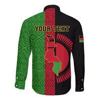Black long-sleeve button shirt with green-red geometric panels and YOUR TEXT back print