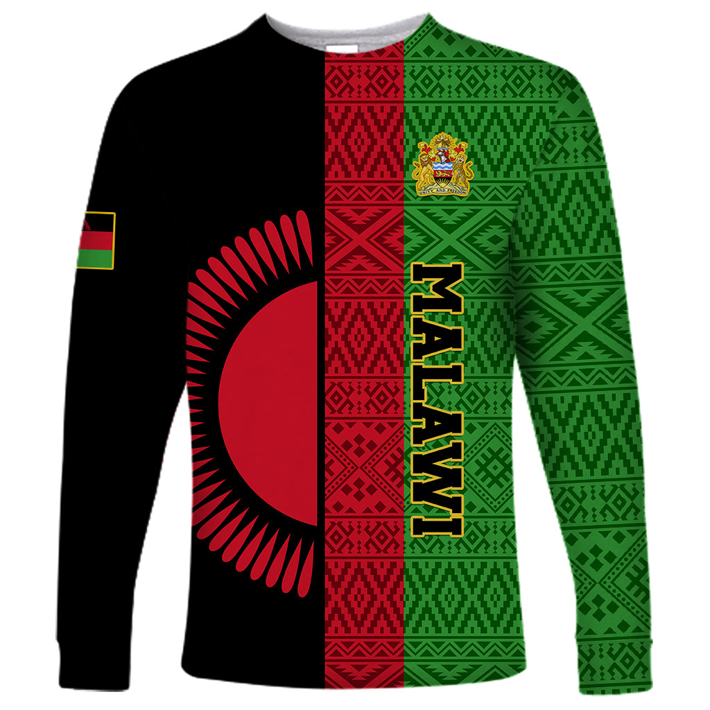 Personalised Malawi Long Sleeve Shirt With Coat Of Arms Mix African Pattern - Wonder Print Shop