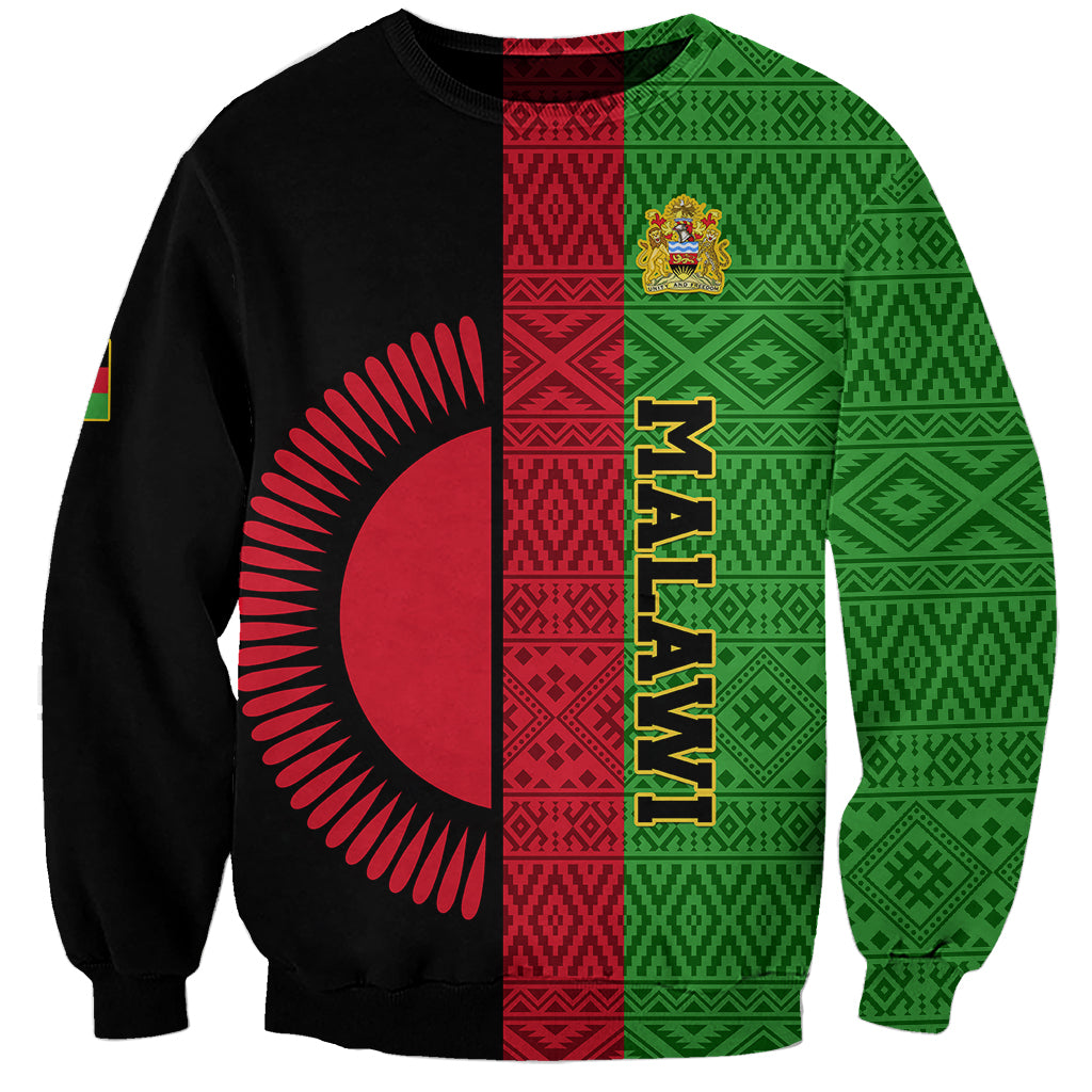 Unisex sweatshirt with black base, red/green patterns, crest and MALAWI print