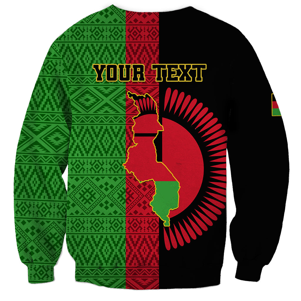 Unisex sweatshirt with green/red patterned front, Your Text header and Malawi map print