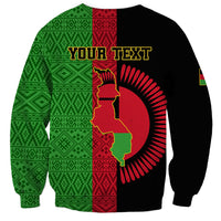 Unisex sweatshirt with green/red patterned front, Your Text header and Malawi map print