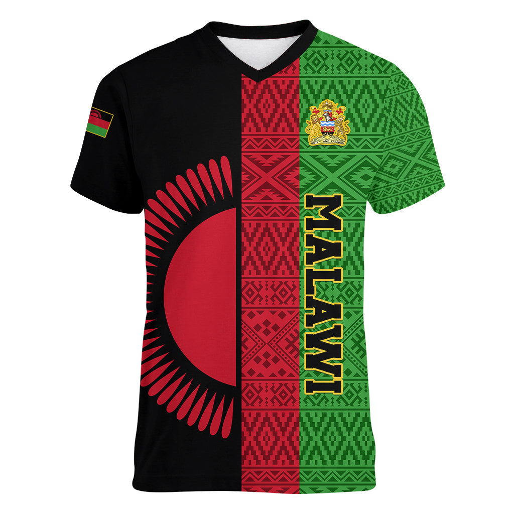 personalised-malawi-women-v-neck-t-shirt-with-coat-of-arms-mix-african-pattern