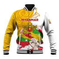 Unisex baseball jacket with yellow-and-white sleeves, Myanmar graphic front, ribbed cuffs