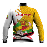 Unisex baseball jacket with YOURTEXT back print, ribbed striped collar and cuffs