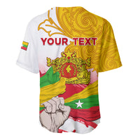 Back view baseball jersey with yellow swirl print, 'YOUR TEXT', Myanmar flag and fist graphic
