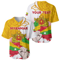 Baseball jersey with front and back designs shown, Myanmar crest, flag and fist print