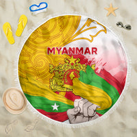 Round beach blanket with fringe edge, Myanmar flag-style graphic