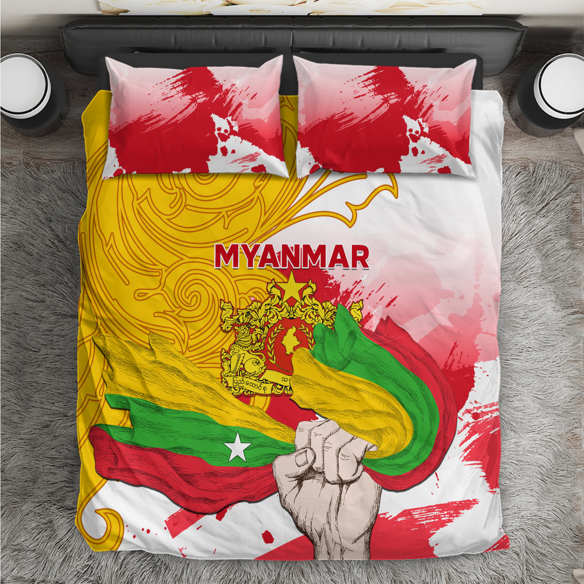 Myanmar flag duvet set with 2 pillowcases, 'MYANMAR' print and red-yellow-green artwork