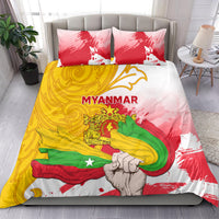 Myanmar flag bedding set with duvet and 2 pillows, 'MYANMAR' text and waving flag design