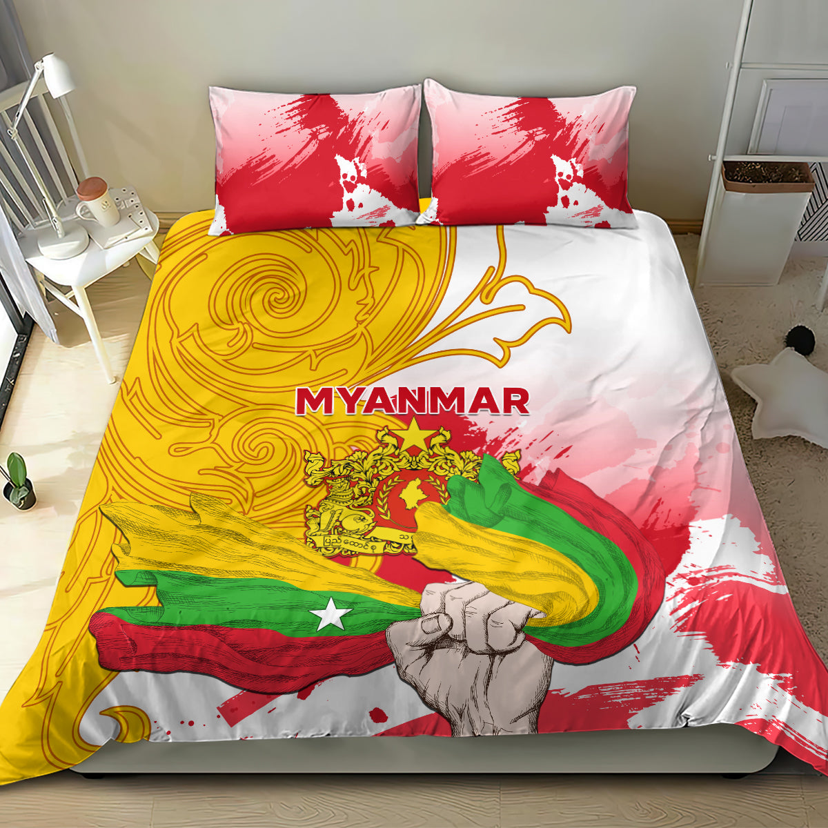 Myanmar flag bedding set with duvet and 2 pillows, 'MYANMAR' lettering and emblem shield