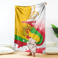 Myanmar flag blanket with MYANMAR text, clenched-fist print, yellow green red on white