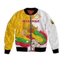 Unisex zip-up bomber jacket with ribbed trim, yellow/white graphic front with Myanmar text