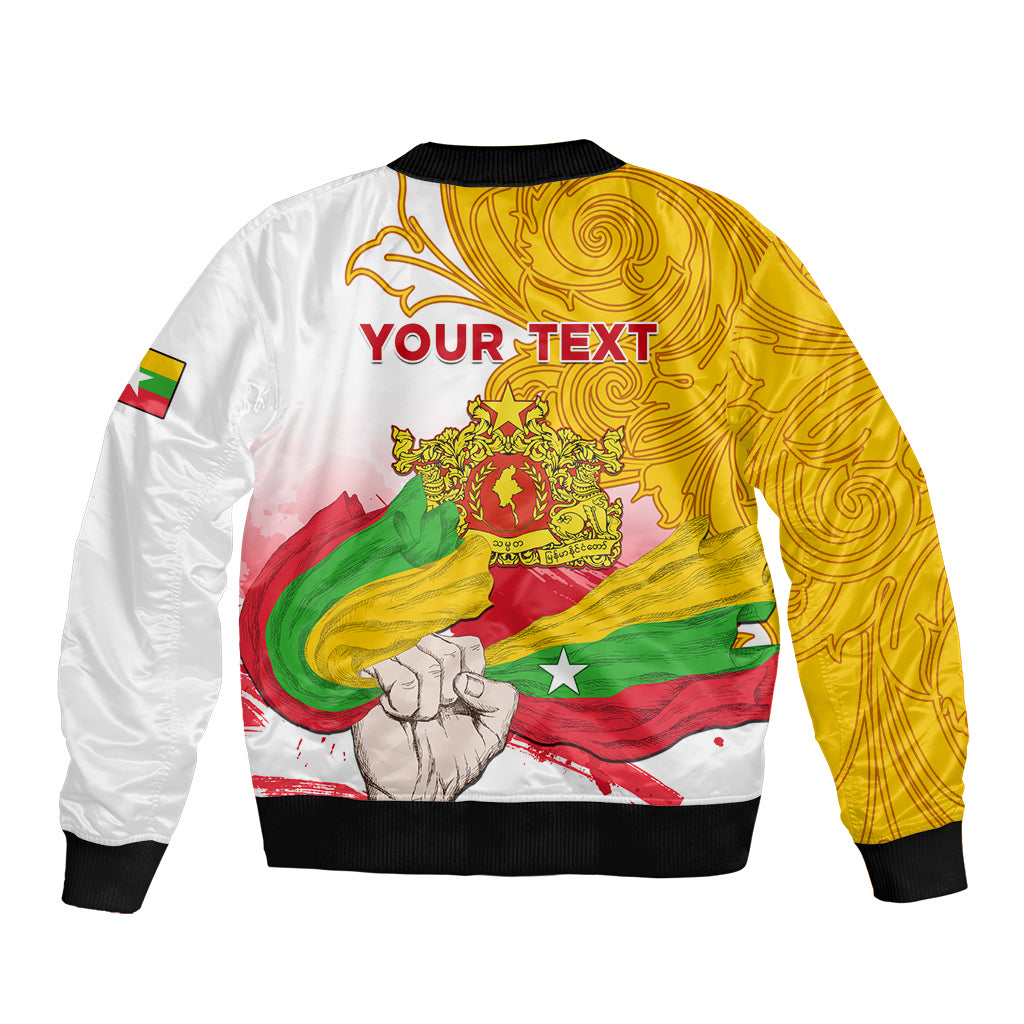 Unisex bomber jacket back, white/yellow graphic, ribbed hem and collar, flag and emblem