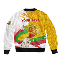 Unisex bomber jacket back, white/yellow graphic, ribbed hem and collar, flag and emblem