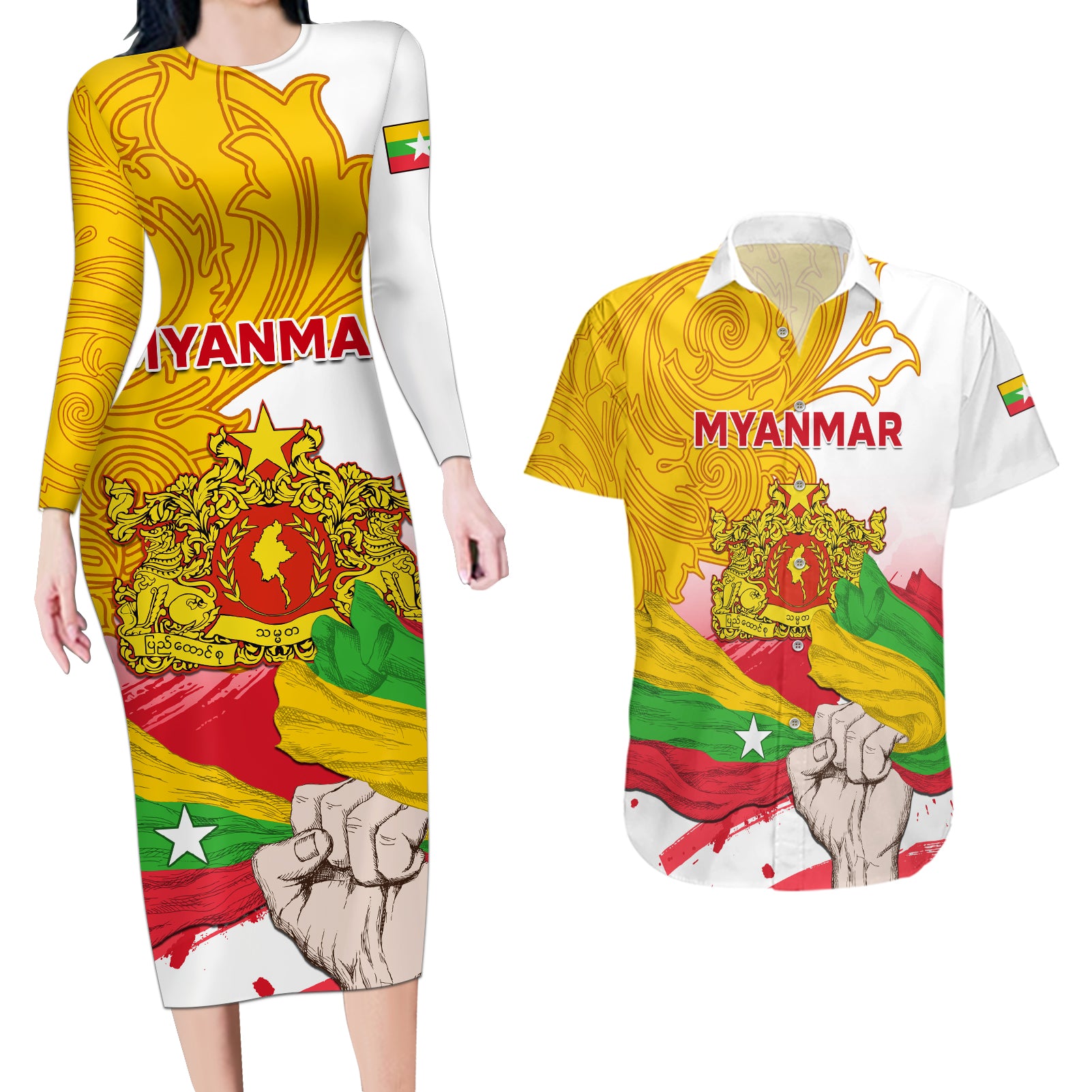 Myanmar Independence Day Couples Matching Long Sleeve Bodycon Dress and Hawaiian Shirt Brahmadesh Kanote Pattern - Wonder Print Shop