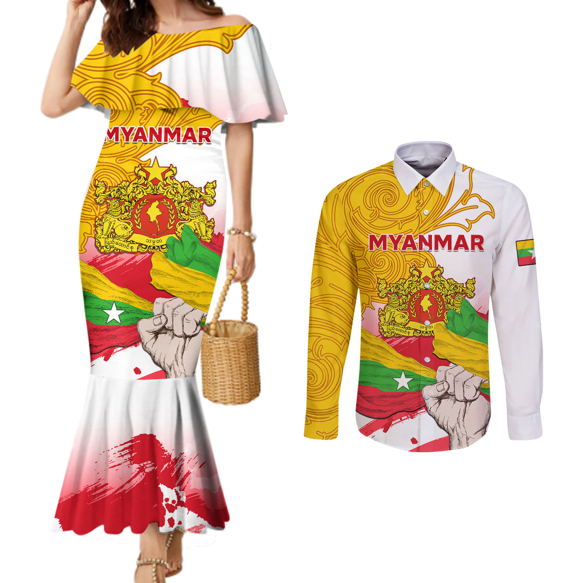 myanmar-independence-day-couples-matching-mermaid-dress-and-long-sleeve-button-shirt-brahmadesh-kanote-pattern