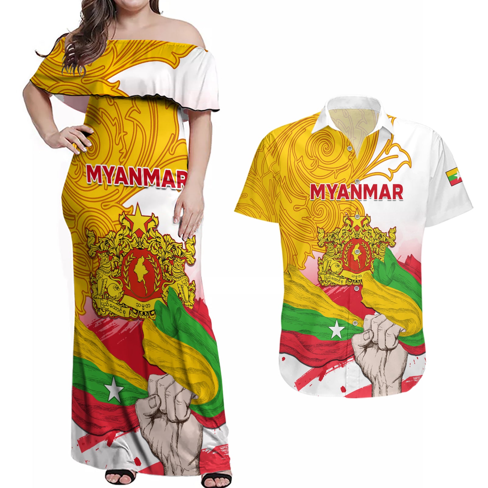 Myanmar Independence Day Couples Matching Off Shoulder Maxi Dress and Hawaiian Shirt Brahmadesh Kanote Pattern - Wonder Print Shop