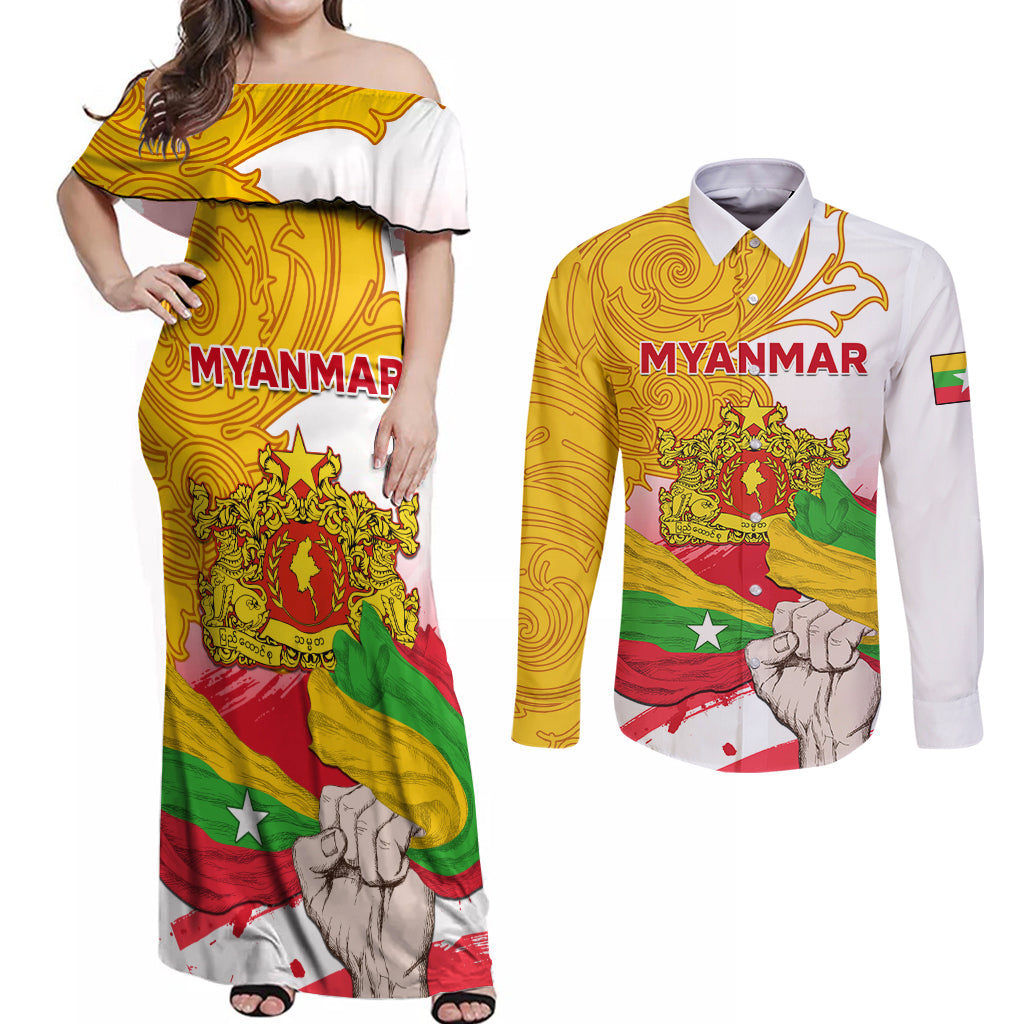 Myanmar Independence Day Couples Matching Off Shoulder Maxi Dress and Long Sleeve Button Shirt Brahmadesh Kanote Pattern - Wonder Print Shop