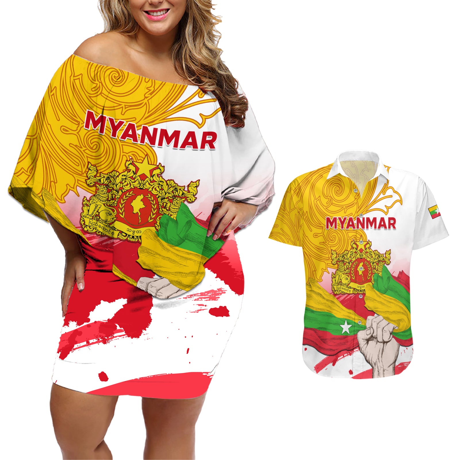 Myanmar Independence Day Couples Matching Off Shoulder Short Dress and Hawaiian Shirt Brahmadesh Kanote Pattern - Wonder Print Shop