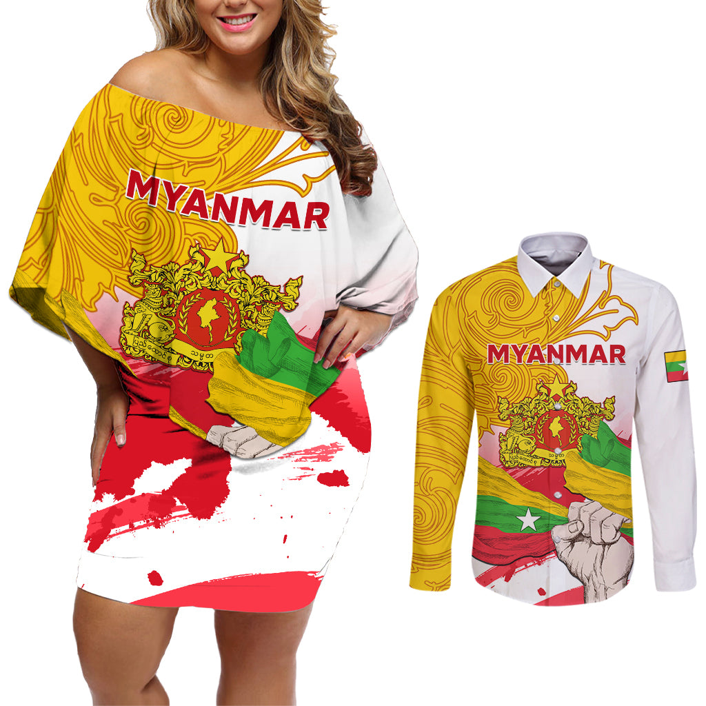 Myanmar Independence Day Couples Matching Off Shoulder Short Dress and Long Sleeve Button Shirt Brahmadesh Kanote Pattern - Wonder Print Shop