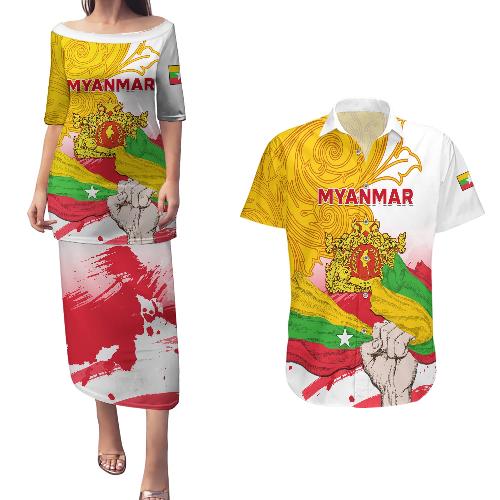 Myanmar Independence Day Couples Matching Puletasi and Hawaiian Shirt Brahmadesh Kanote Pattern - Wonder Print Shop