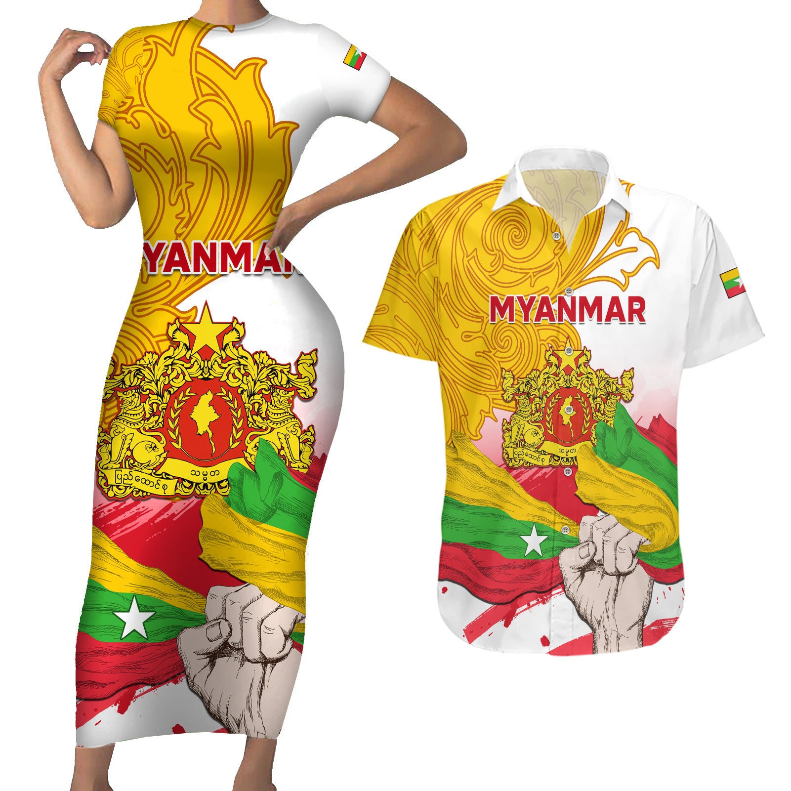 Myanmar Independence Day Couples Matching Short Sleeve Bodycon Dress and Hawaiian Shirt Brahmadesh Kanote Pattern - Wonder Print Shop