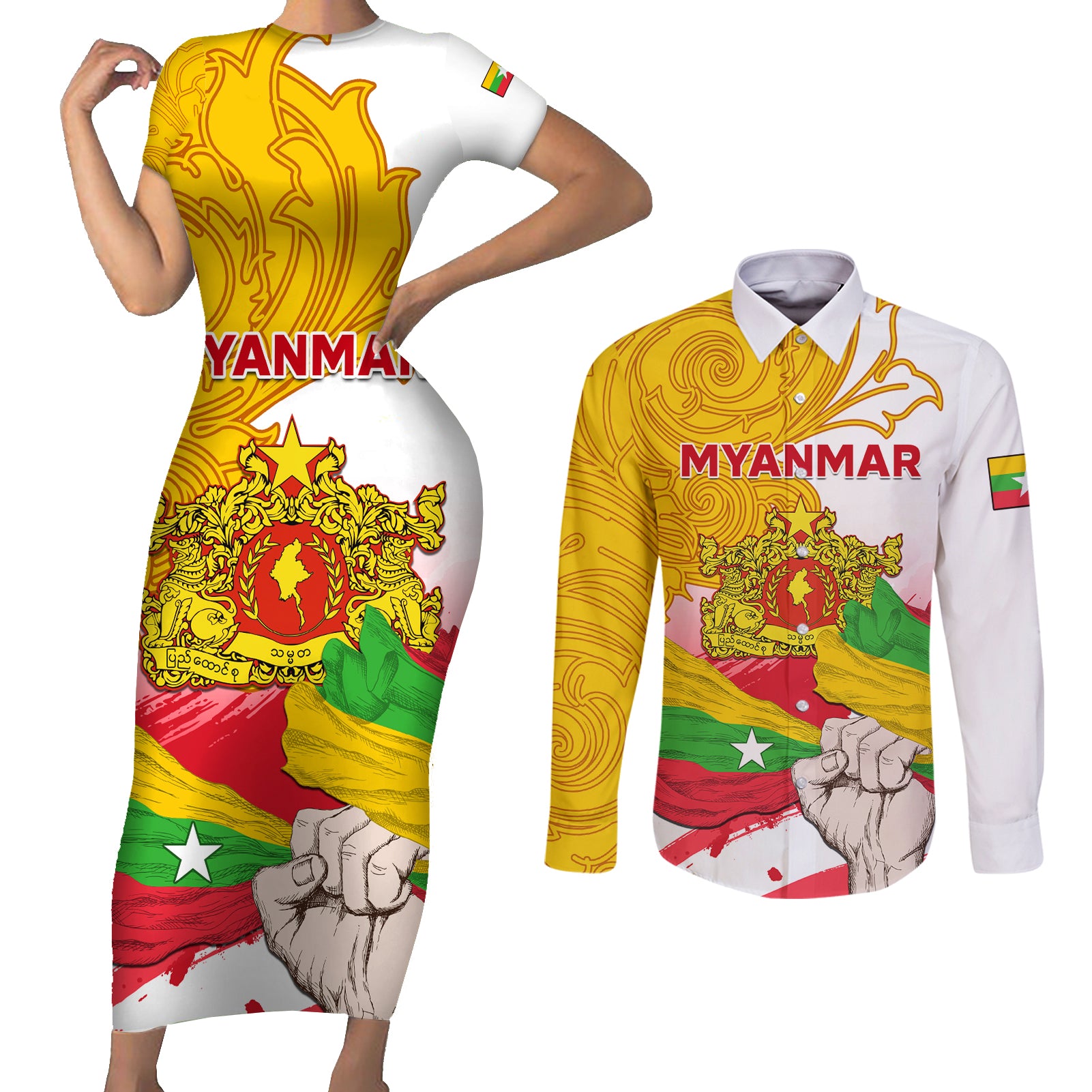 Myanmar Independence Day Couples Matching Short Sleeve Bodycon Dress and Long Sleeve Button Shirt Brahmadesh Kanote Pattern - Wonder Print Shop