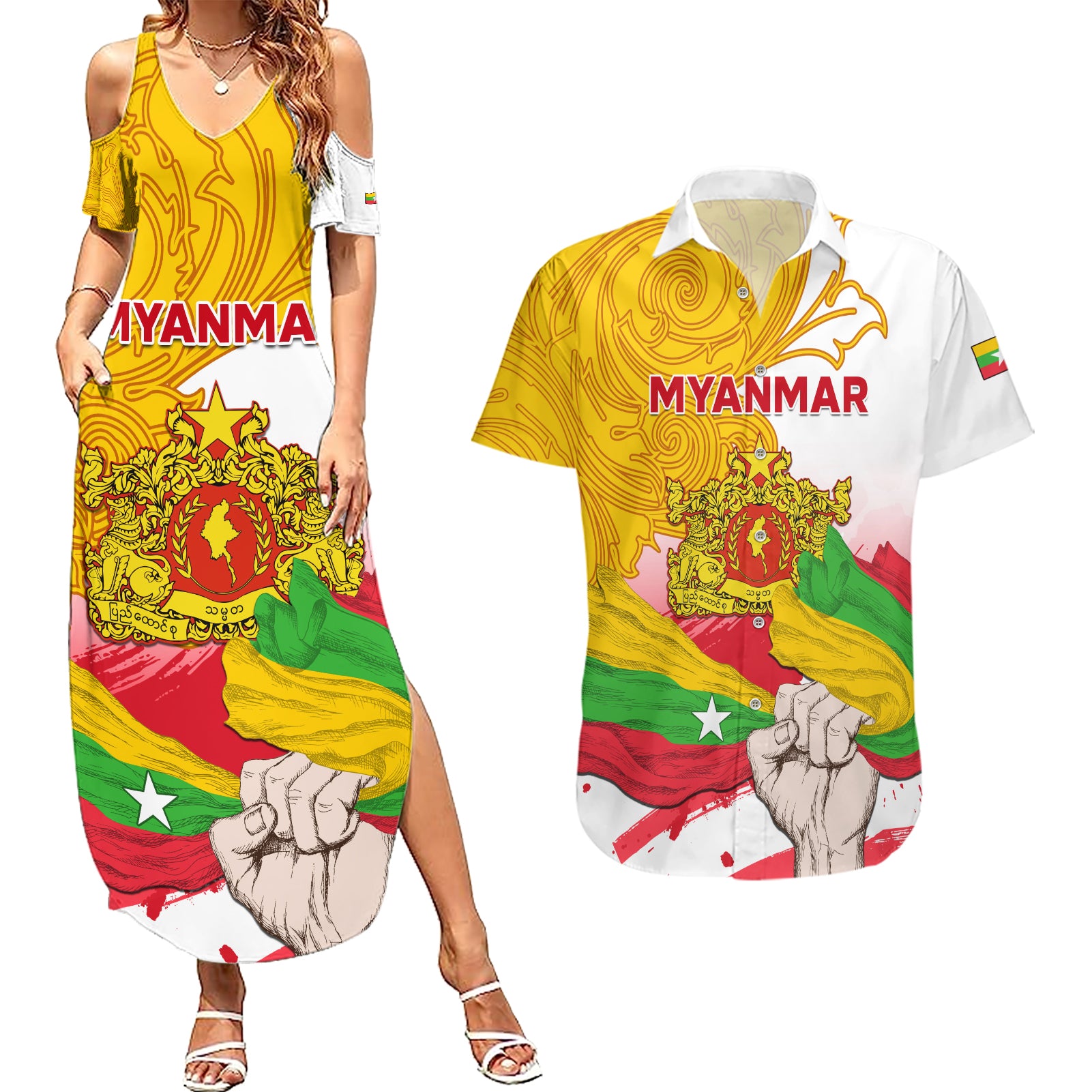 Myanmar Independence Day Couples Matching Summer Maxi Dress and Hawaiian Shirt Brahmadesh Kanote Pattern - Wonder Print Shop