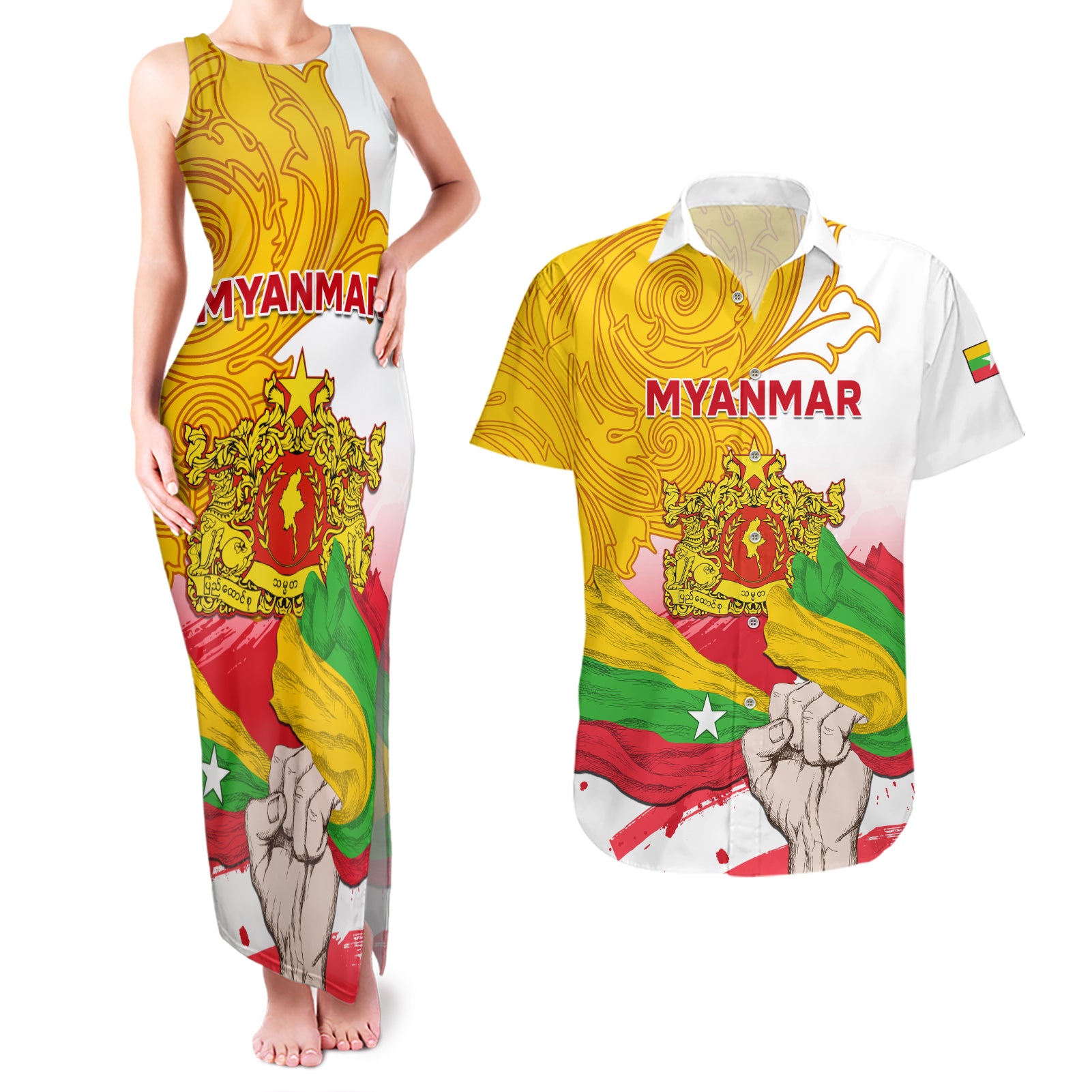 Myanmar Independence Day Couples Matching Tank Maxi Dress and Hawaiian Shirt Brahmadesh Kanote Pattern - Wonder Print Shop