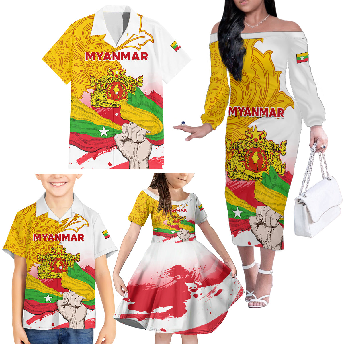 Myanmar Independence Day Family Matching Off Shoulder Long Sleeve Dress and Hawaiian Shirt Brahmadesh Kanote Pattern - Wonder Print Shop