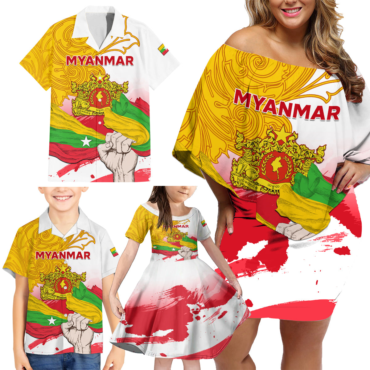 Myanmar Independence Day Family Matching Off Shoulder Short Dress and Hawaiian Shirt Brahmadesh Kanote Pattern - Wonder Print Shop