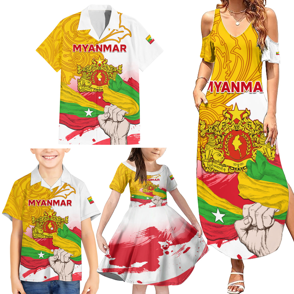 Myanmar Independence Day Family Matching Summer Maxi Dress and Hawaiian Shirt Brahmadesh Kanote Pattern - Wonder Print Shop