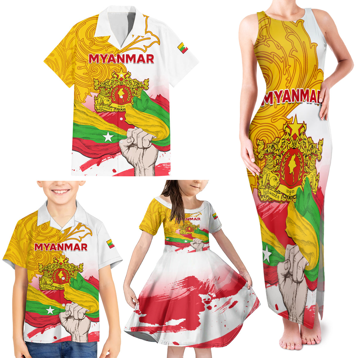 Myanmar Independence Day Family Matching Tank Maxi Dress and Hawaiian Shirt Brahmadesh Kanote Pattern - Wonder Print Shop