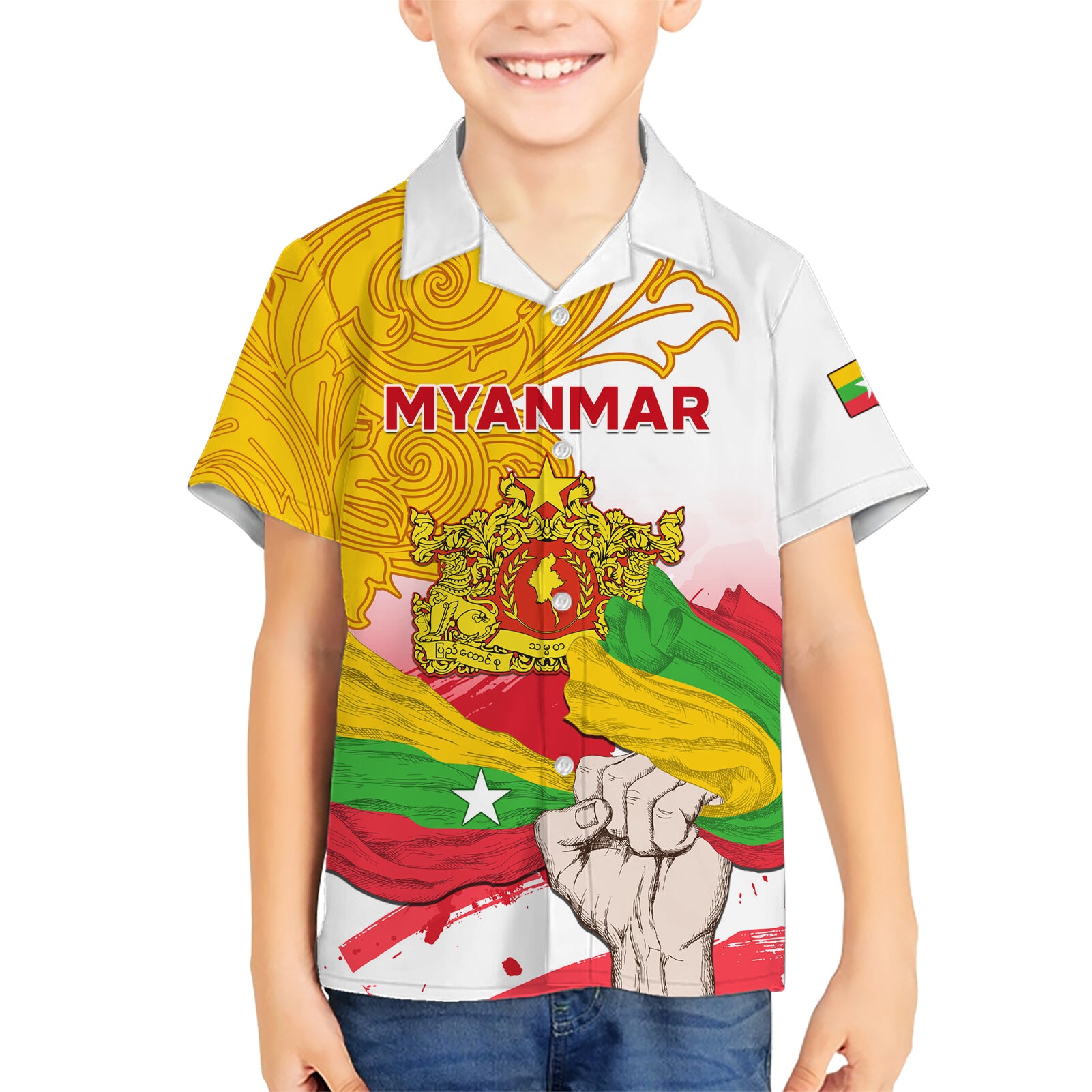 Myanmar Independence Day Kid Hawaiian Shirt Brahmadesh Kanote Pattern - Wonder Print Shop