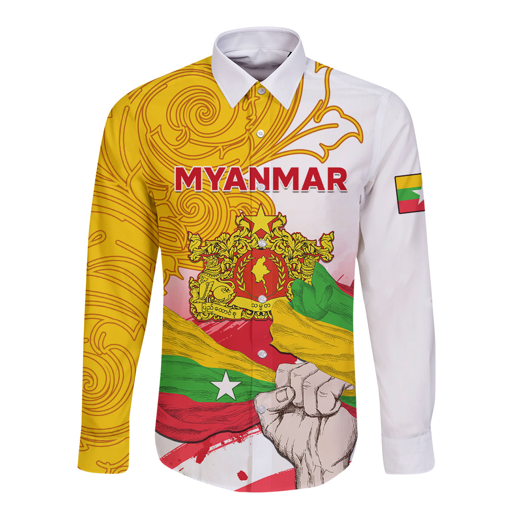 Myanmar Independence Day Long Sleeve Button Shirt Brahmadesh Kanote Pattern - Wonder Print Shop