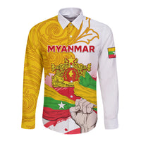 Long-sleeve button shirt, yellow/white with Myanmar flag graphic and print, front