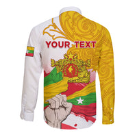 Long-sleeve button shirt, yellow/white with flag graphic and 'YOUR TEXT' back print