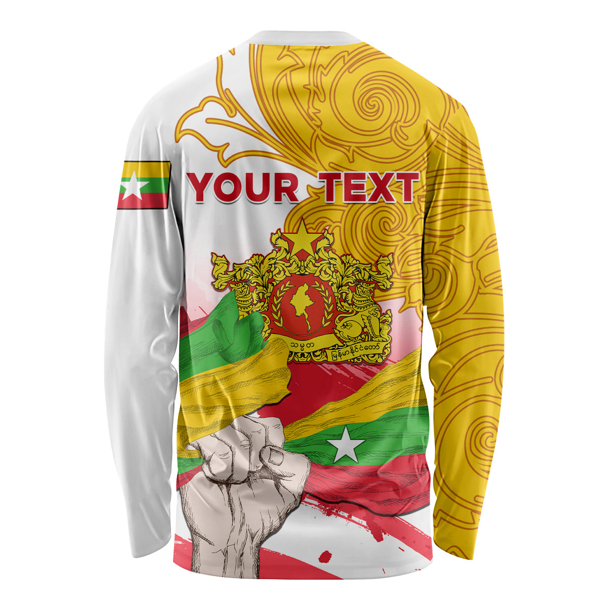 Unisex long-sleeve shirt with Myanmar flag graphic and 'YOUR TEXT' on back