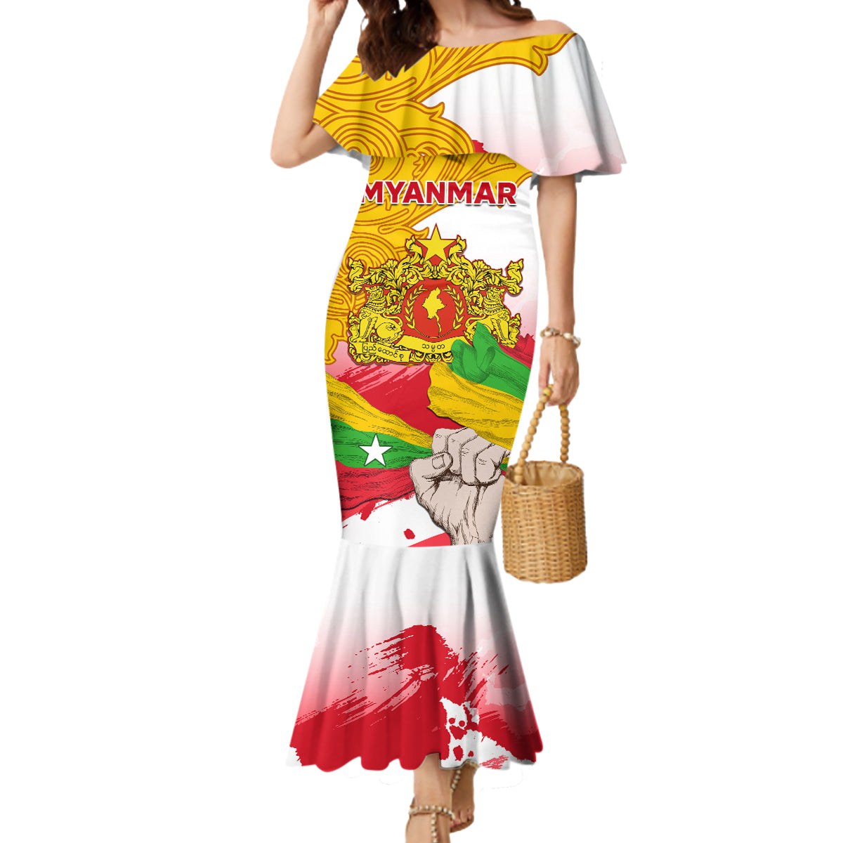 Myanmar Independence Day Mermaid Dress Brahmadesh Kanote Pattern - Wonder Print Shop