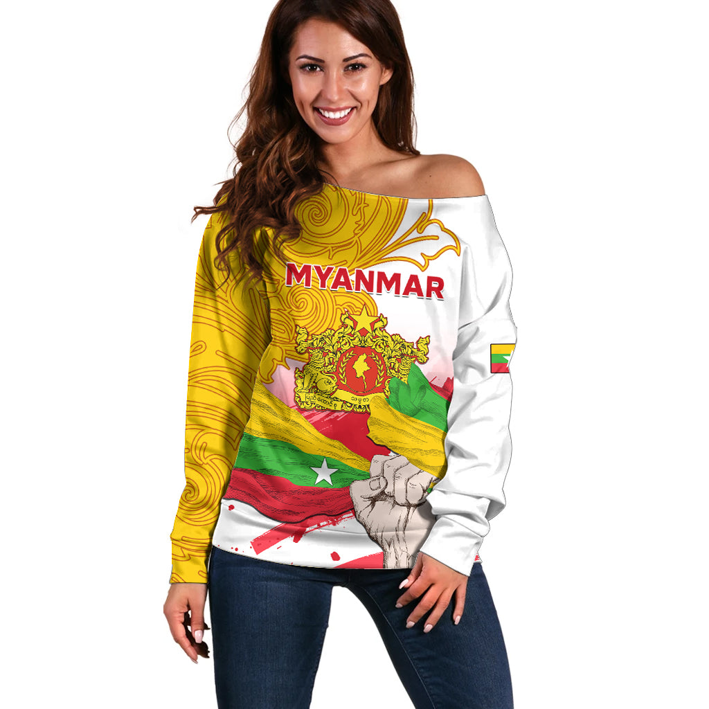 Myanmar Independence Day Off Shoulder Sweater Brahmadesh Kanote Pattern - Wonder Print Shop